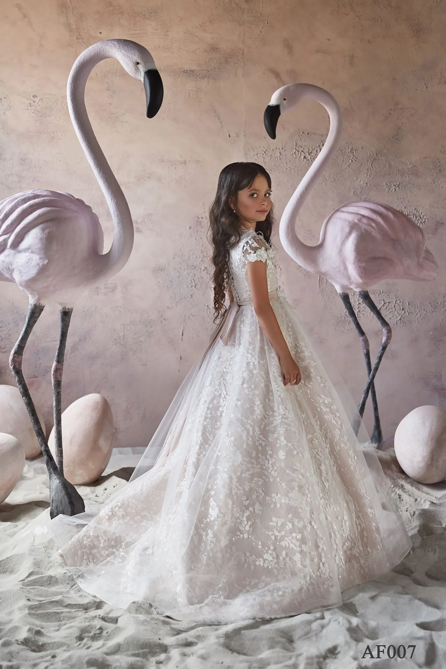Long Flower Girl's Dress in Soft Tulle with Short Sleeves