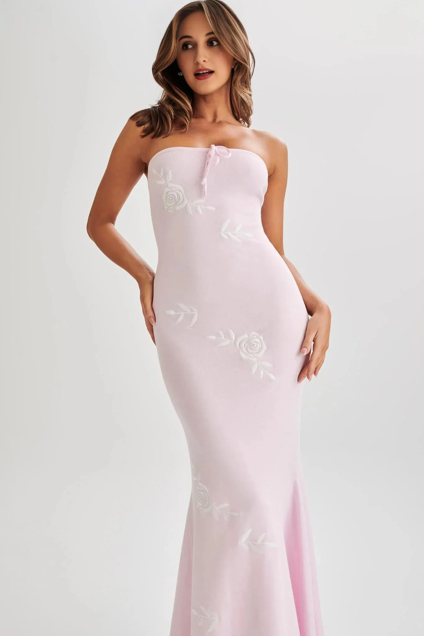 Lorelai Strapless Rose Knit Maxi Dress - Fairy Floss Pink
