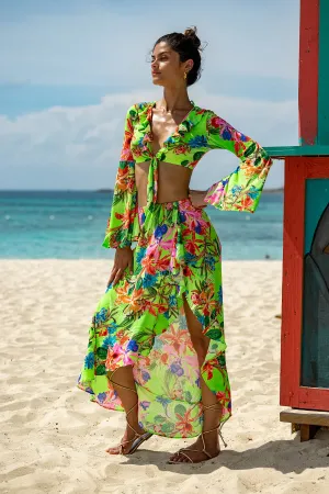 LULI TROPICS - Bell Sleeve Crop Top & Ruffled High-lo Slit Skirt • Multicolor