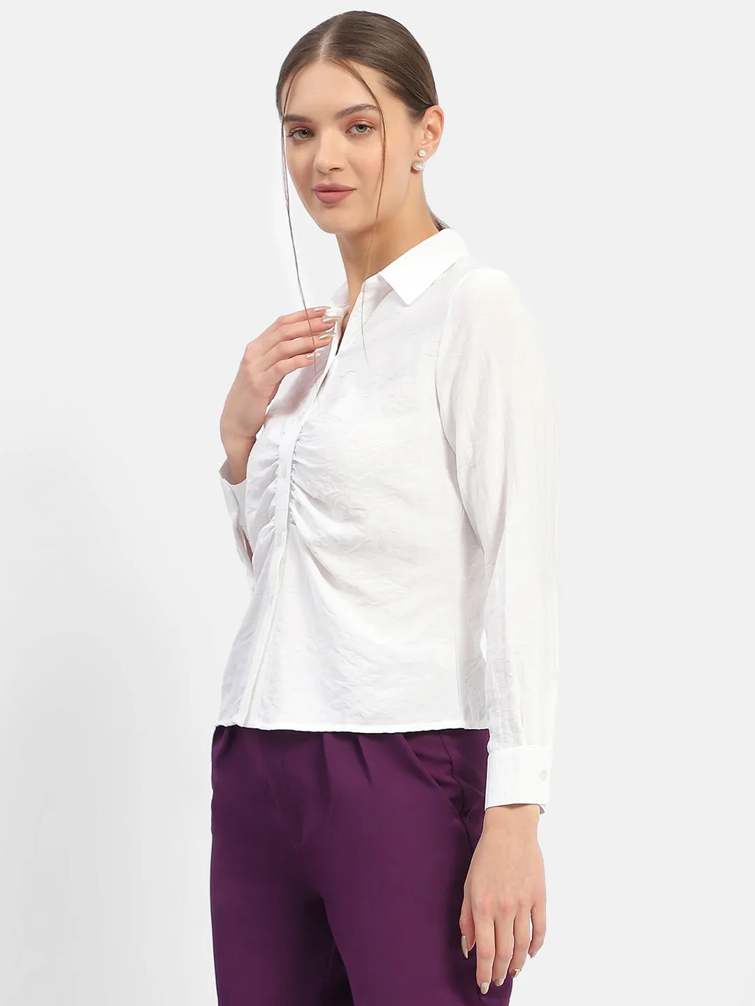 Madame Textured White Ruched Shirt
