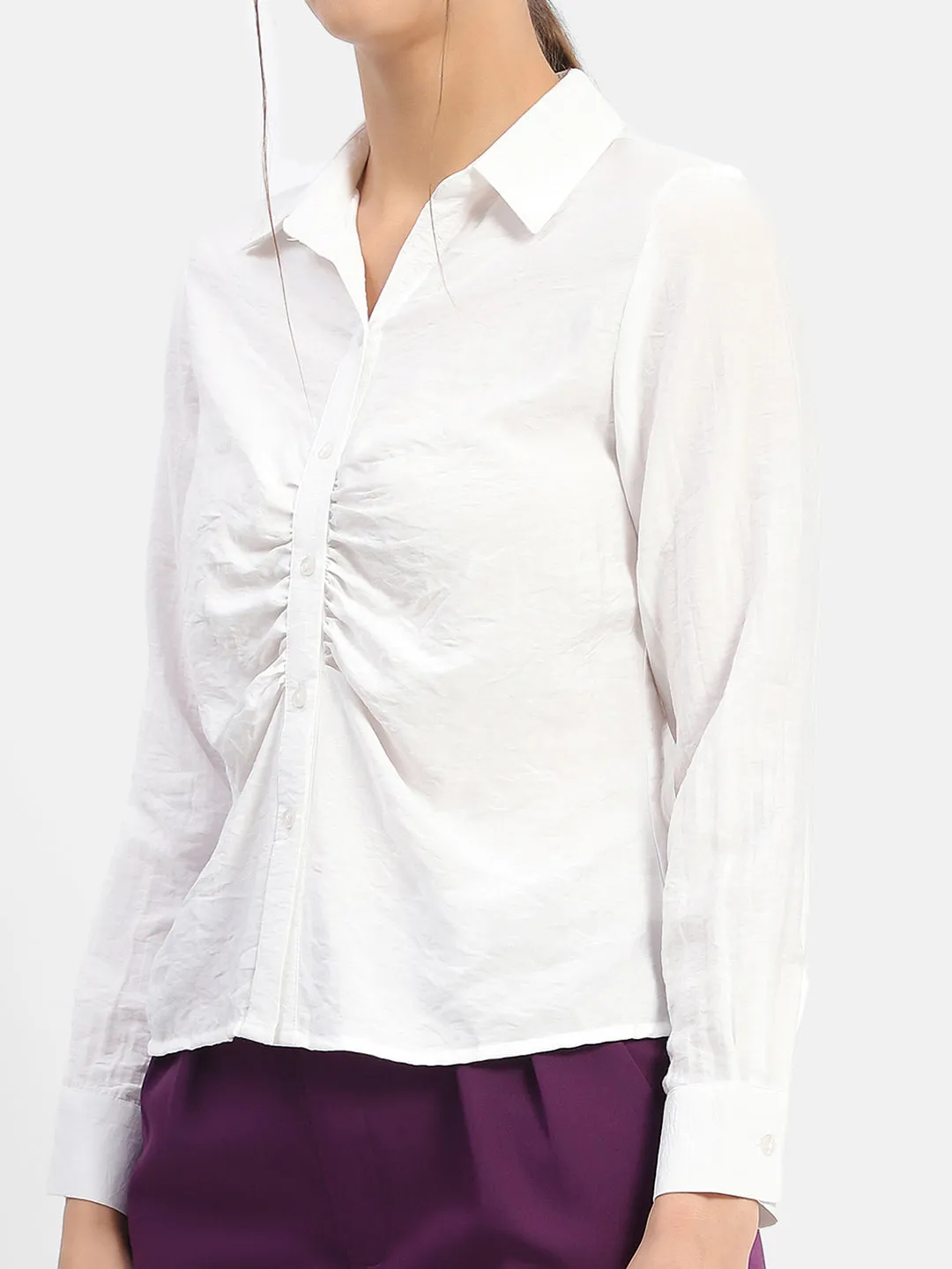 Madame Textured White Ruched Shirt