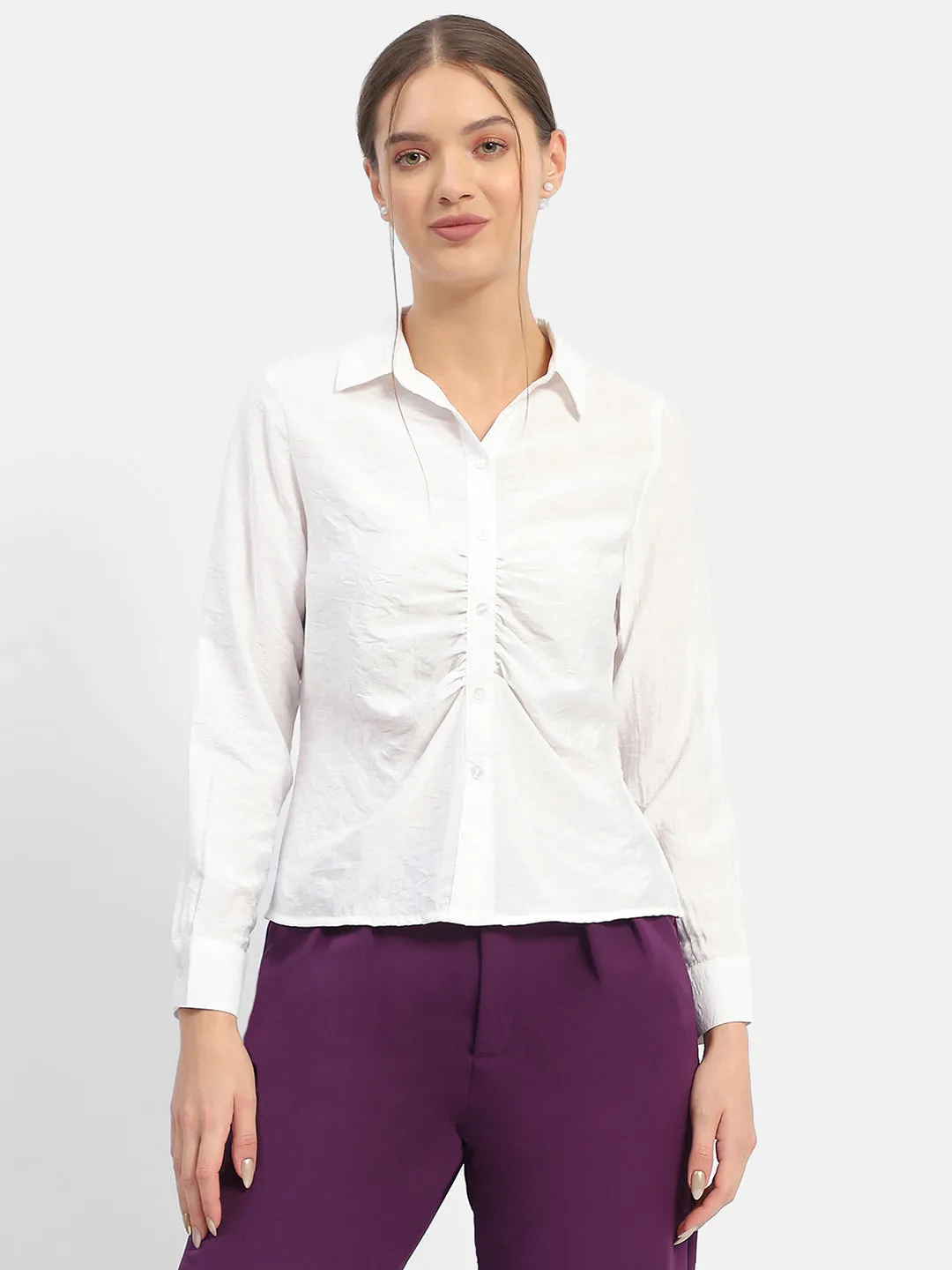 Madame Textured White Ruched Shirt