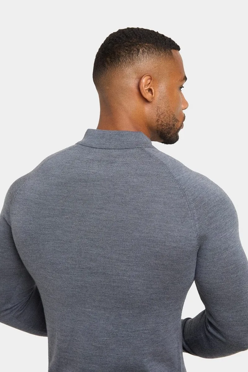 Merino Wool Polo Shirt in Mid Grey Marl