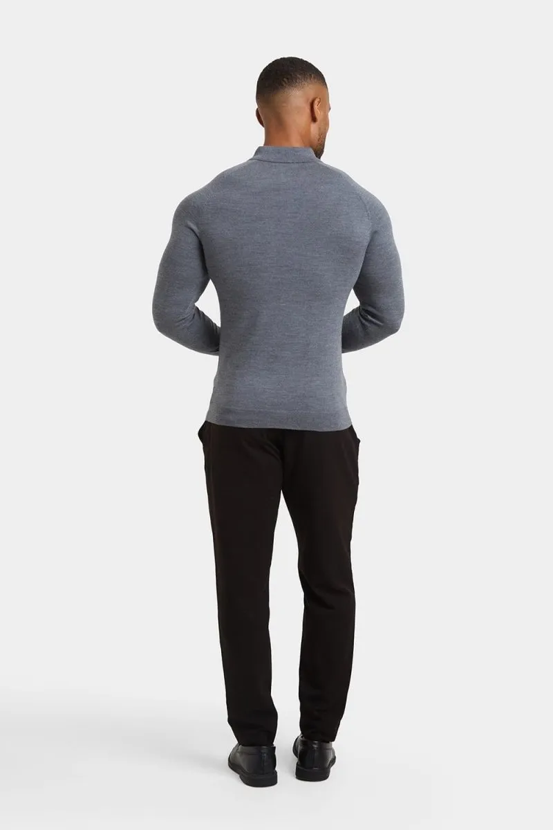 Merino Wool Polo Shirt in Mid Grey Marl