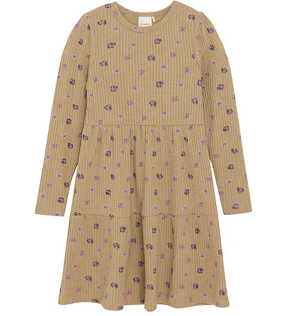 Minymo Girls Long Sleeve Ribbed Printed Dress - Tannin