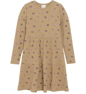 Minymo Girls Long Sleeve Ribbed Printed Dress - Tannin