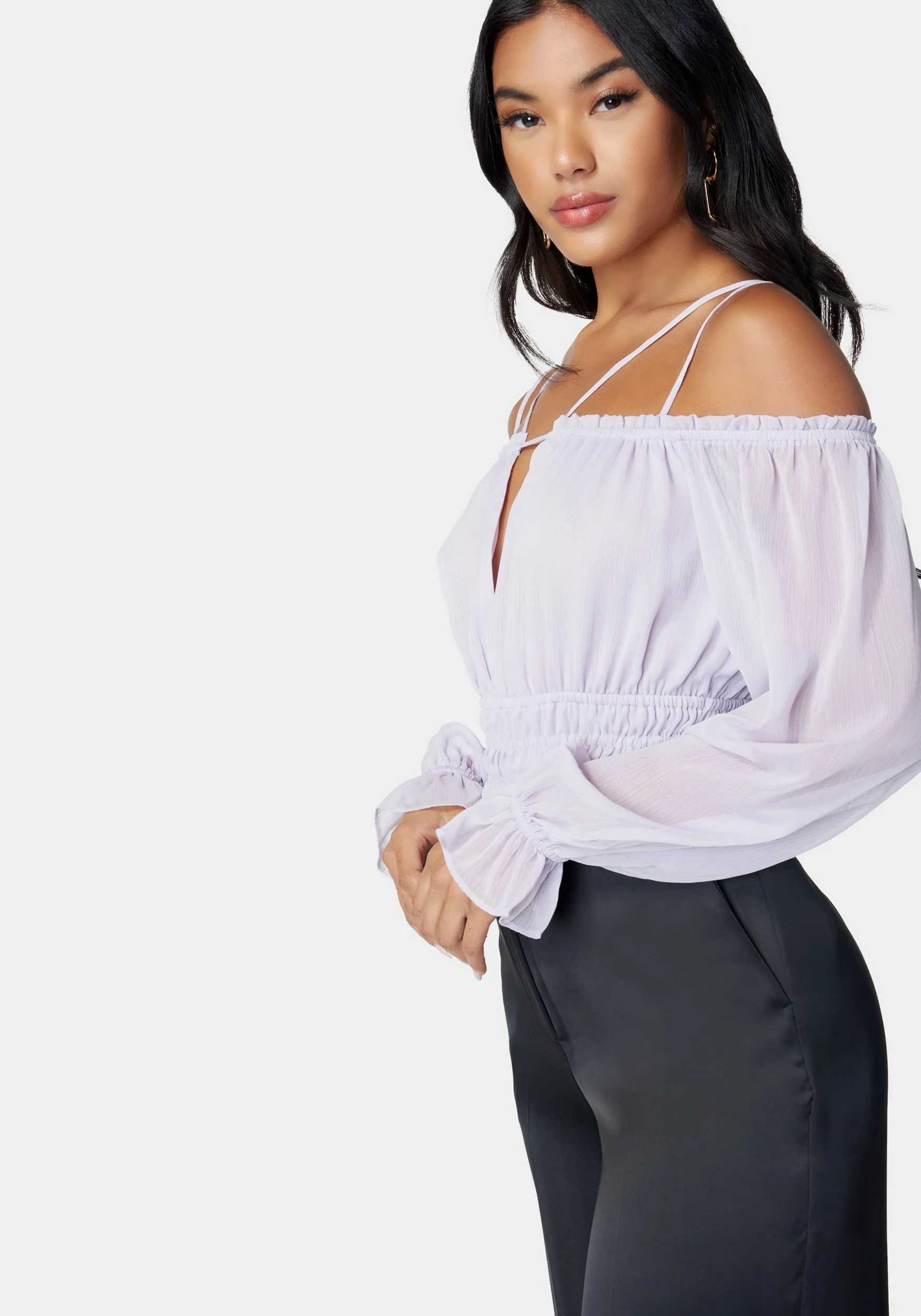 Multi Strap Cold Shoulder Ruched Blouse