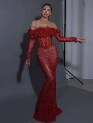 Off Shoulder Long Sleeve Haut Maxi Bodycon Dress HT20600