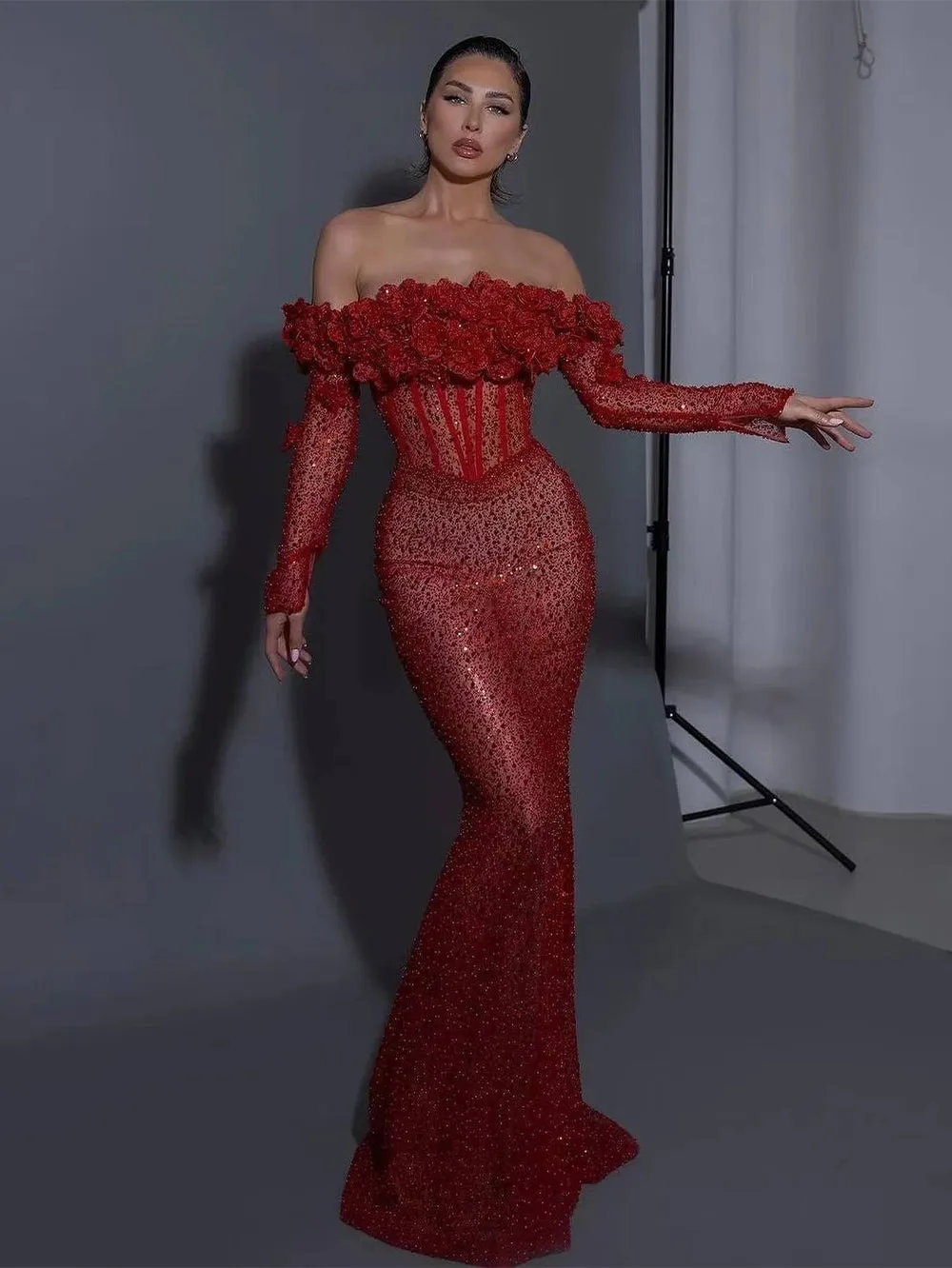 Off Shoulder Long Sleeve Haut Maxi Bodycon Dress HT20600