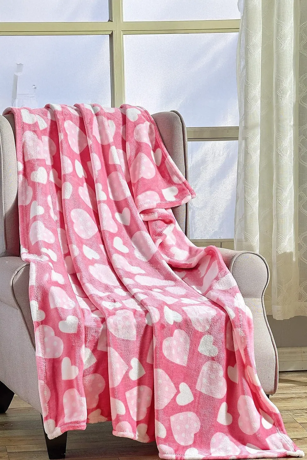 Peach Blossom Valentines Vibe Heart Print Soft Flannel Large Blanket