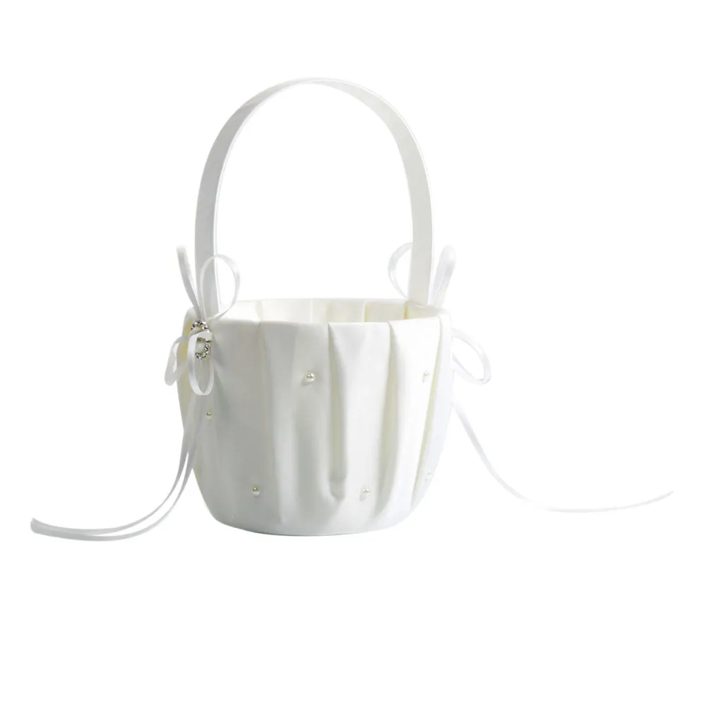Pearl Satin Wedding Flower Girl Basket Ivory