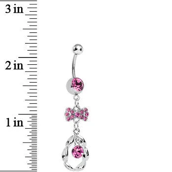Pink CZ Drop in a Drop and Sparkling Bow Dangle Belly Ring