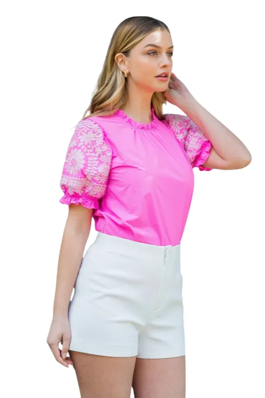 Pink embroidered puff short sleeve top