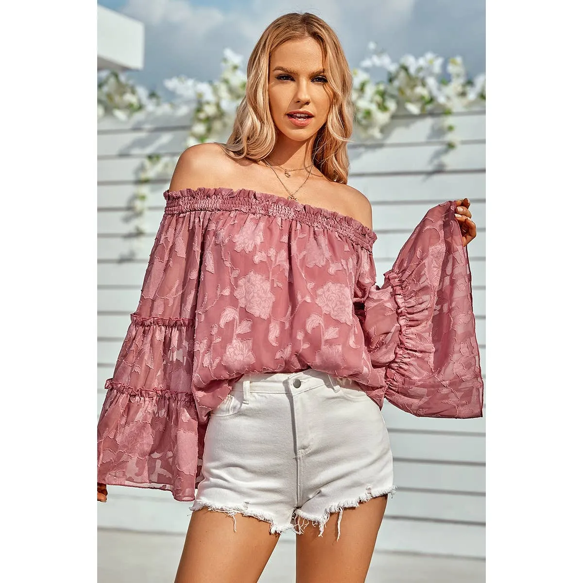 Pink Floral Applique Frill Trim Flare Sleeve Off Shoulder Blouse