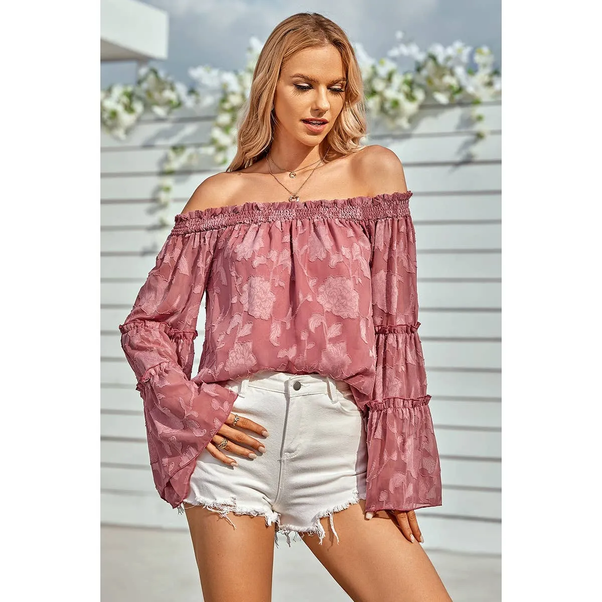 Pink Floral Applique Frill Trim Flare Sleeve Off Shoulder Blouse