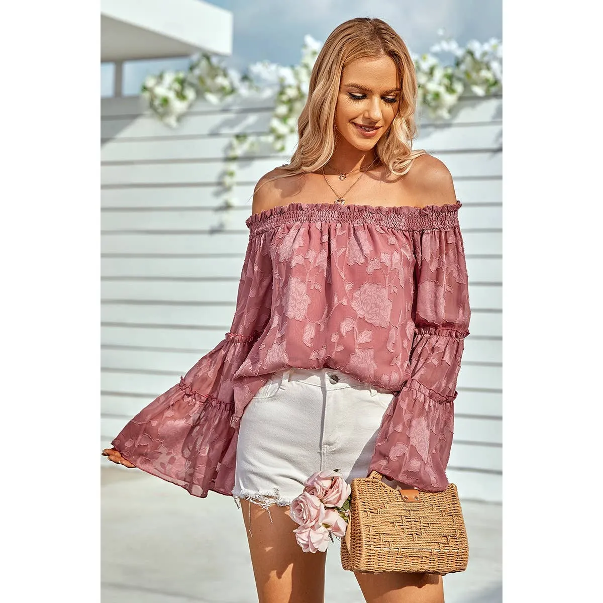 Pink Floral Applique Frill Trim Flare Sleeve Off Shoulder Blouse