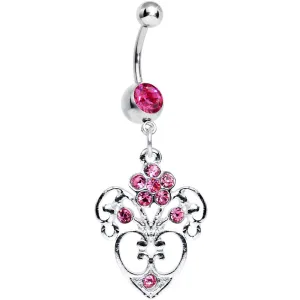 Pink Gem Flowering Heart Dangle Belly Ring