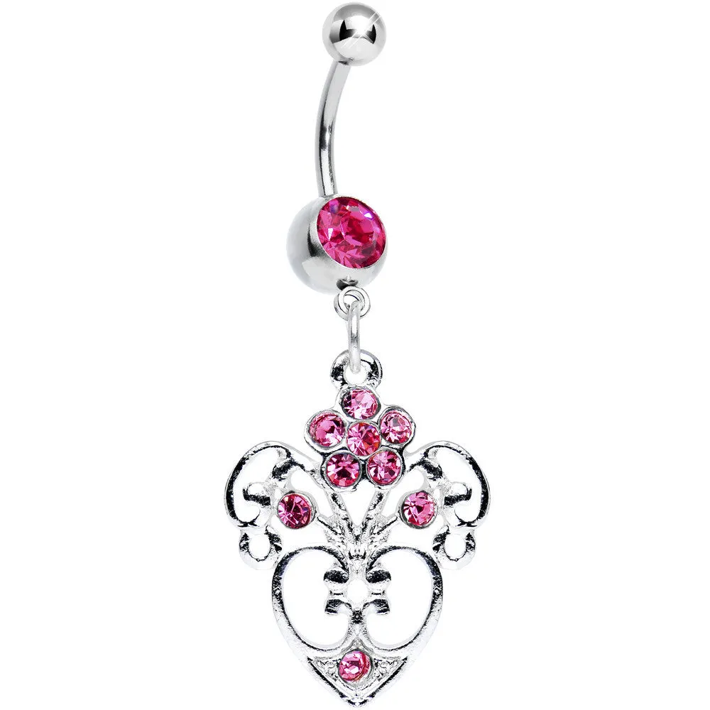 Pink Gem Flowering Heart Dangle Belly Ring