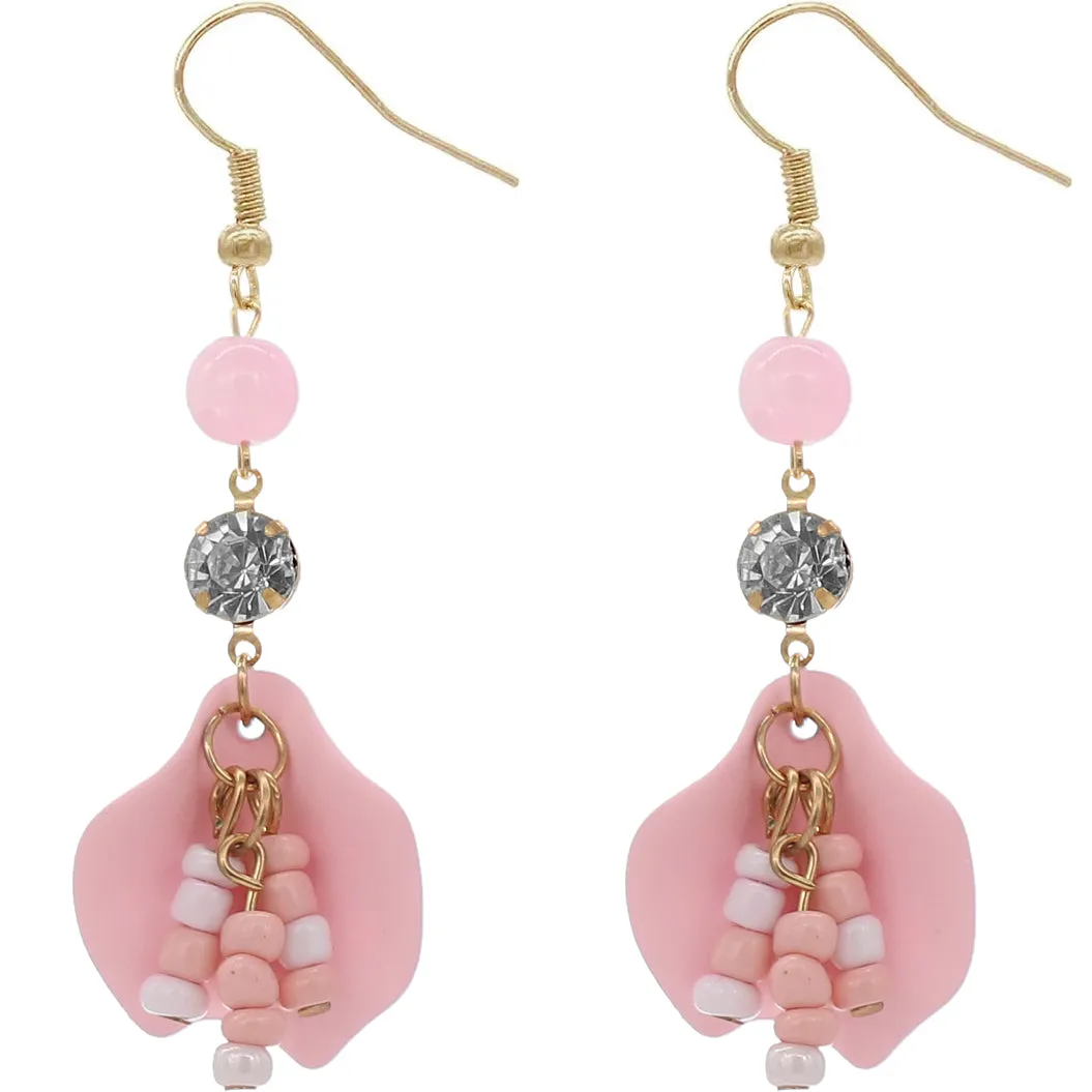 Pink Tulip Petal Beaded Dangle Earrings