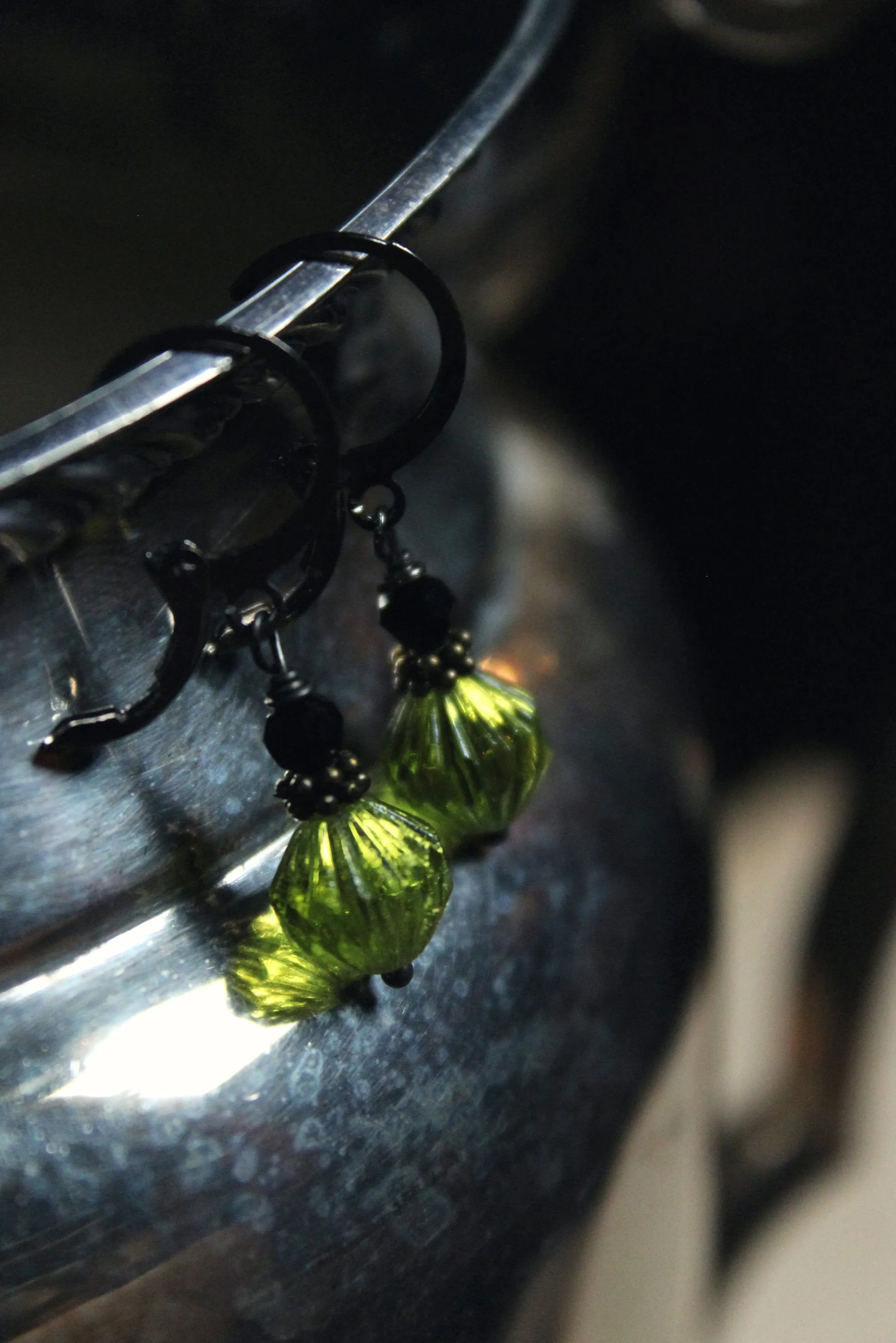 Potion. Faceted Olivine & Jet Black Glass Drop Earrings.