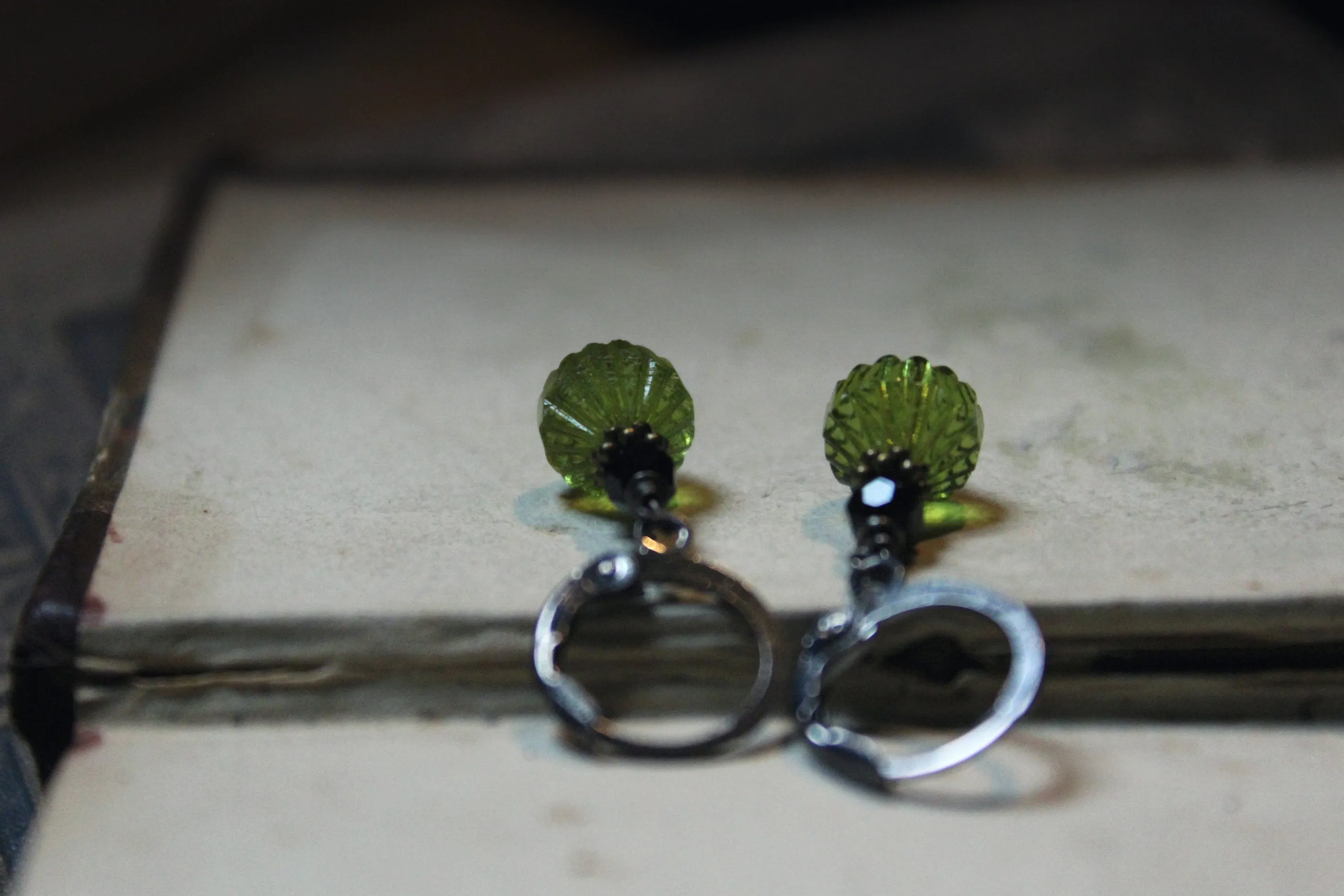 Potion. Faceted Olivine & Jet Black Glass Drop Earrings.