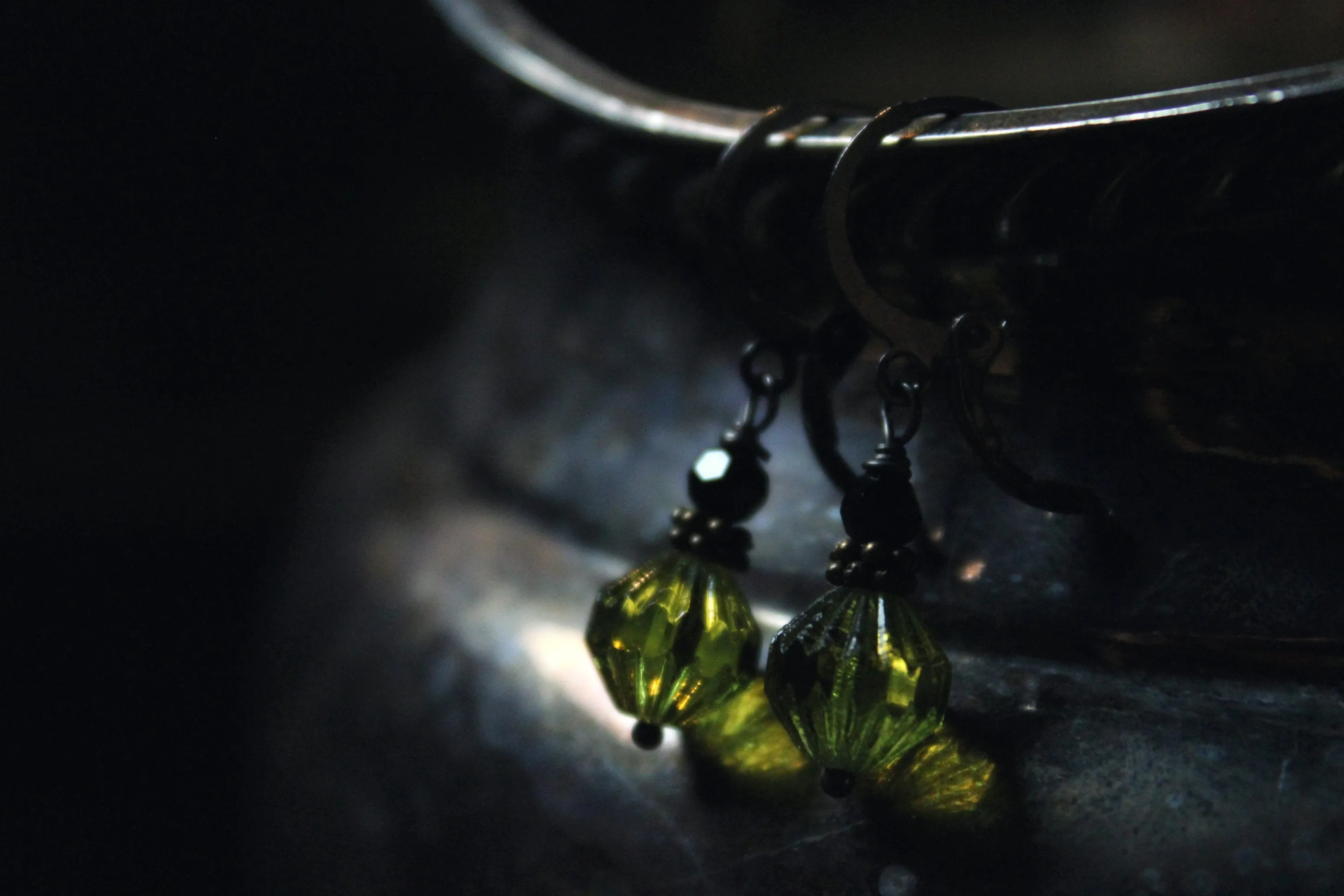 Potion. Faceted Olivine & Jet Black Glass Drop Earrings.