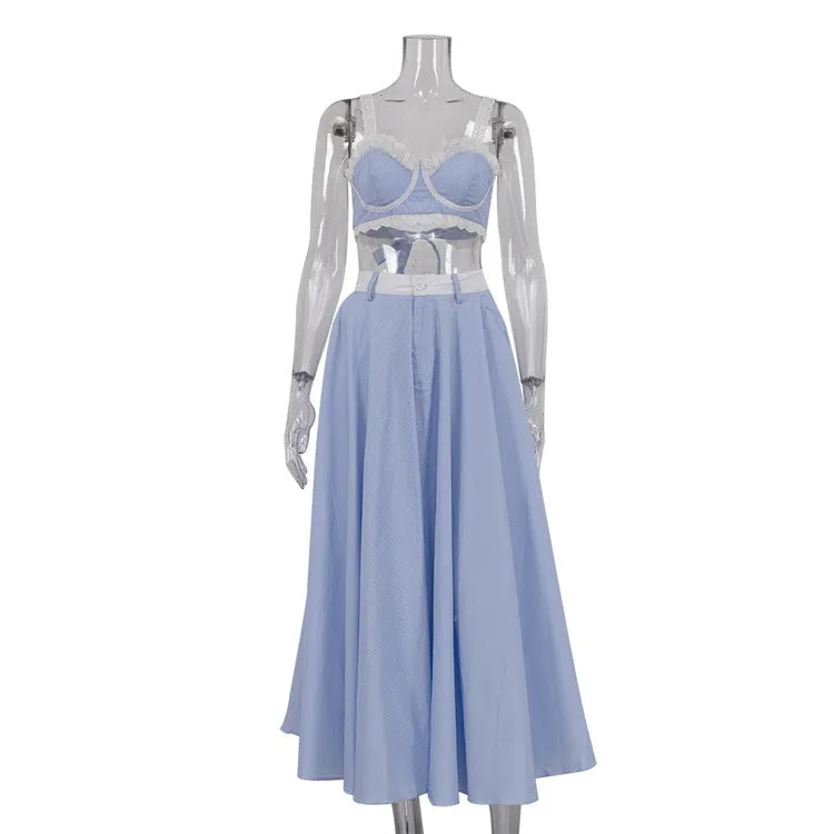 Print Strap Loose Quick shipping 2 High Waist Pieces Splicing Waisted Big Sets Sling Vest Wide selection Skirts Lace Swing Skirt High Fashion Bra Spaghetti Lace And Blue Pleated Sets