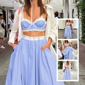 Print Strap Loose Quick shipping 2 High Waist Pieces Splicing Waisted Big Sets Sling Vest Wide selection Skirts Lace Swing Skirt High Fashion Bra Spaghetti Lace And Blue Pleated Sets