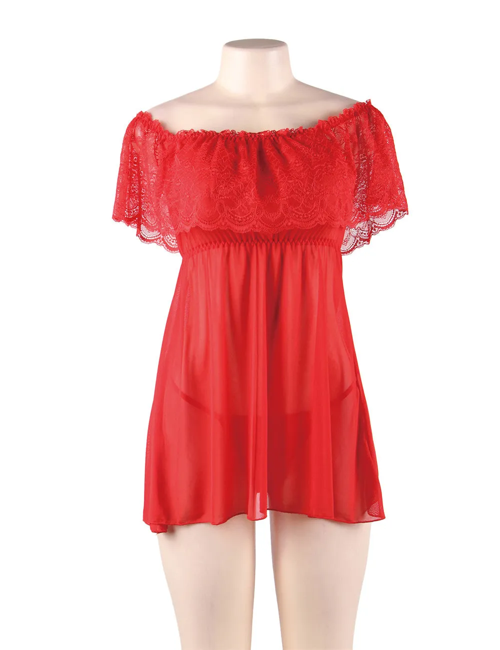 Red Off-Shoulder Lace Sexy Babydoll