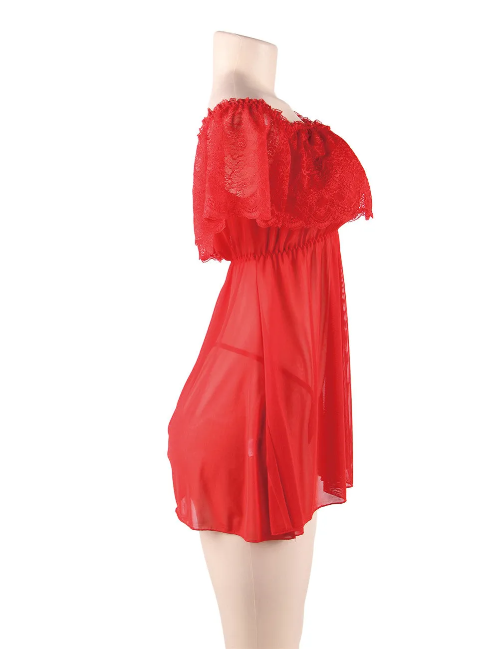 Red Off-Shoulder Lace Sexy Babydoll