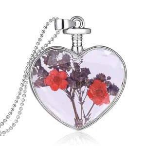 Red Pressed Peach Blossom & Silver-Plated Heart Pendant Necklace