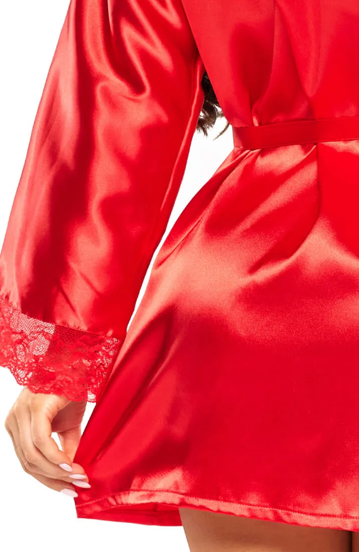 Red satin robe with lace - Penelope