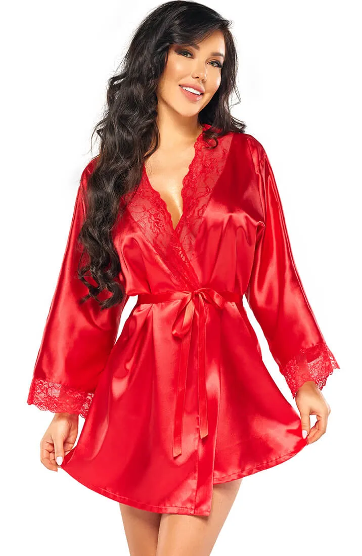 Red satin robe with lace - Penelope