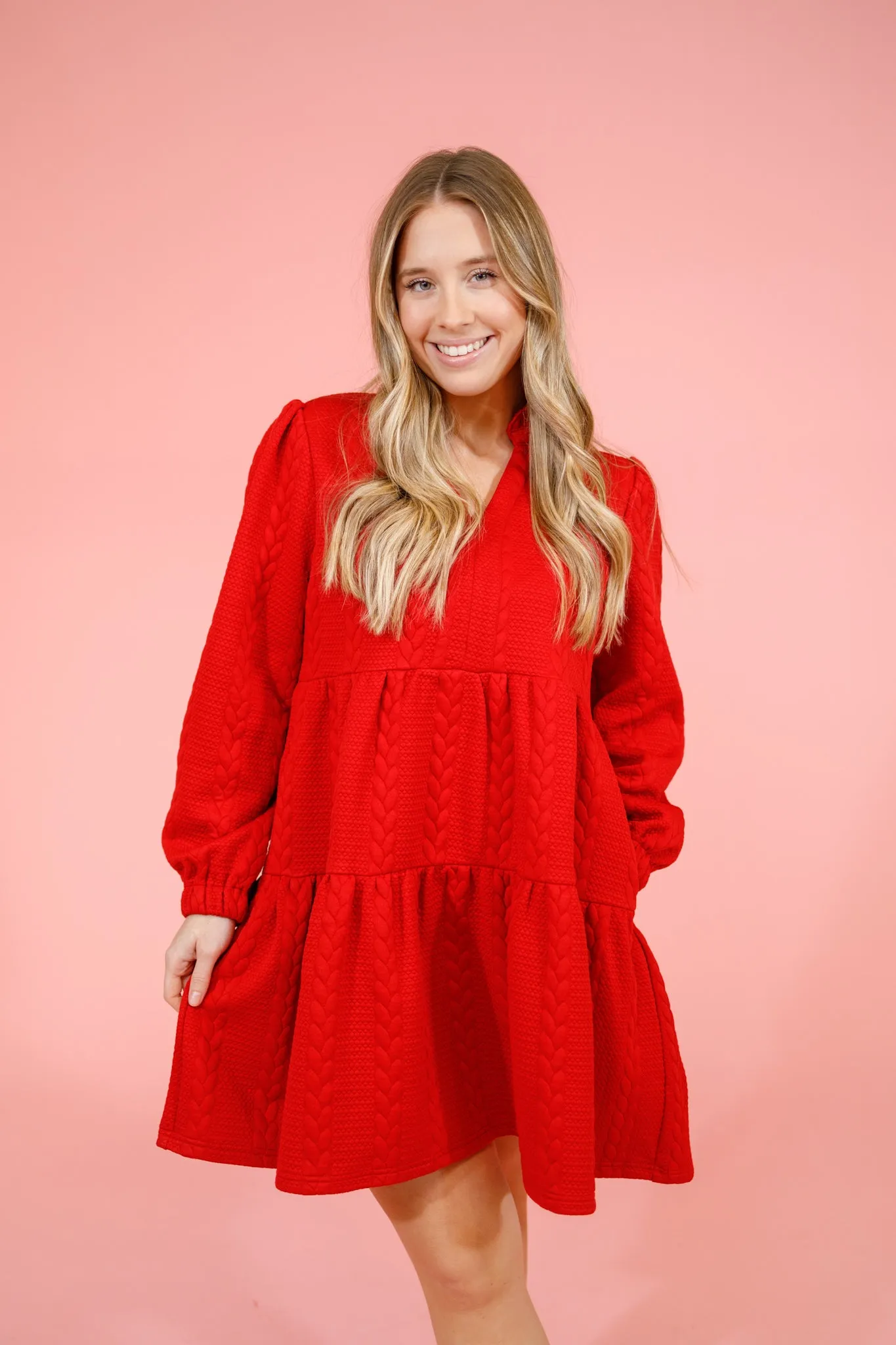 Red Textured Tiered Dress