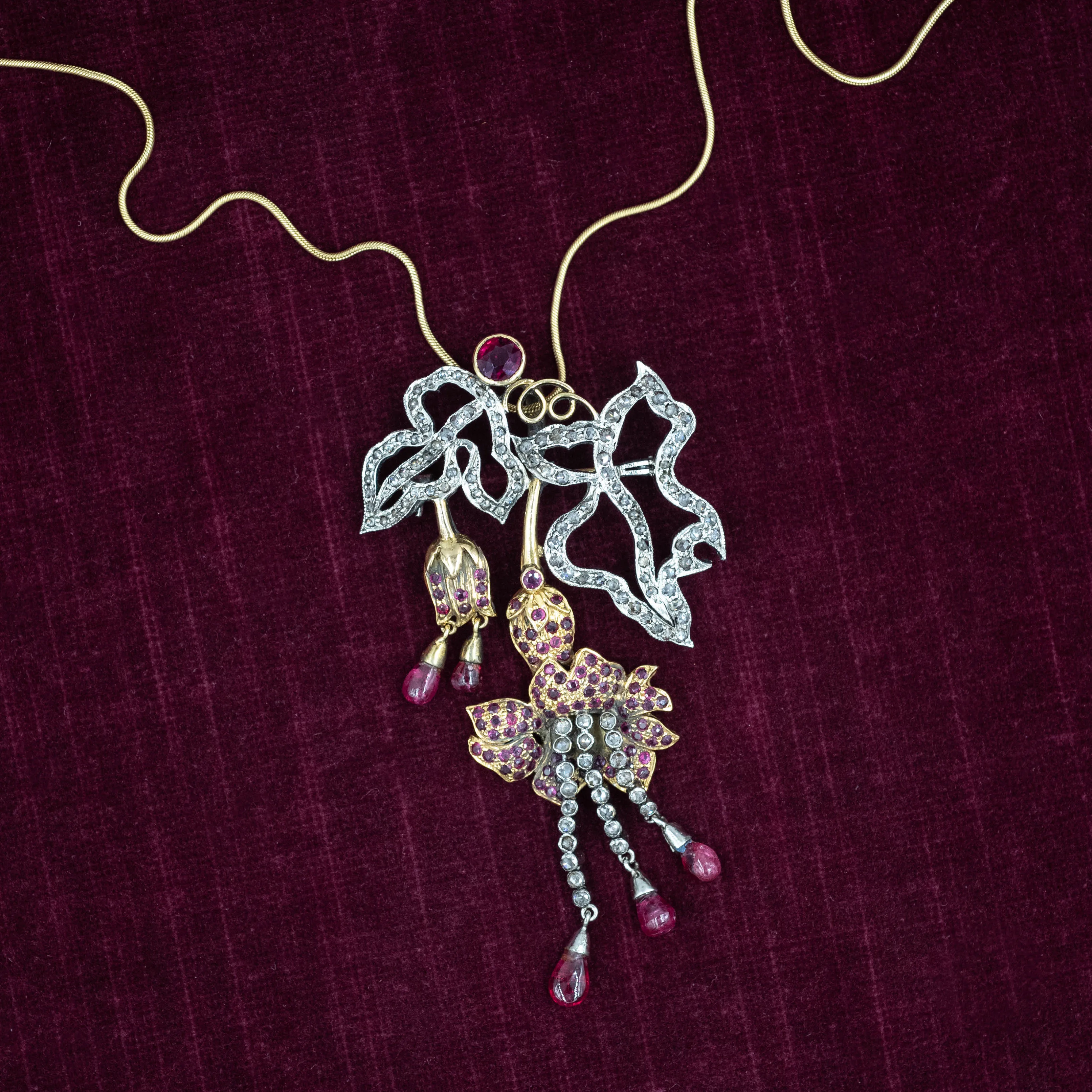 Rose-cut Diamond and Ruby Fuchsia Flower Brooch c1910