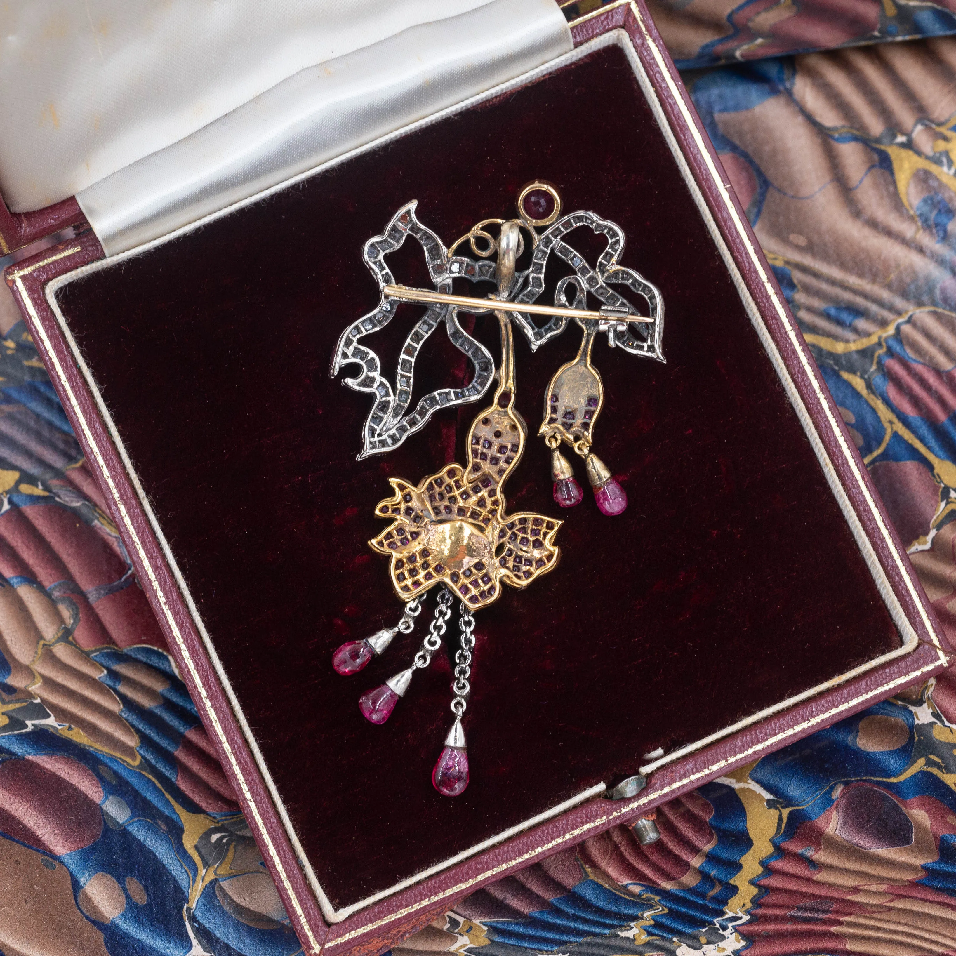 Rose-cut Diamond and Ruby Fuchsia Flower Brooch c1910