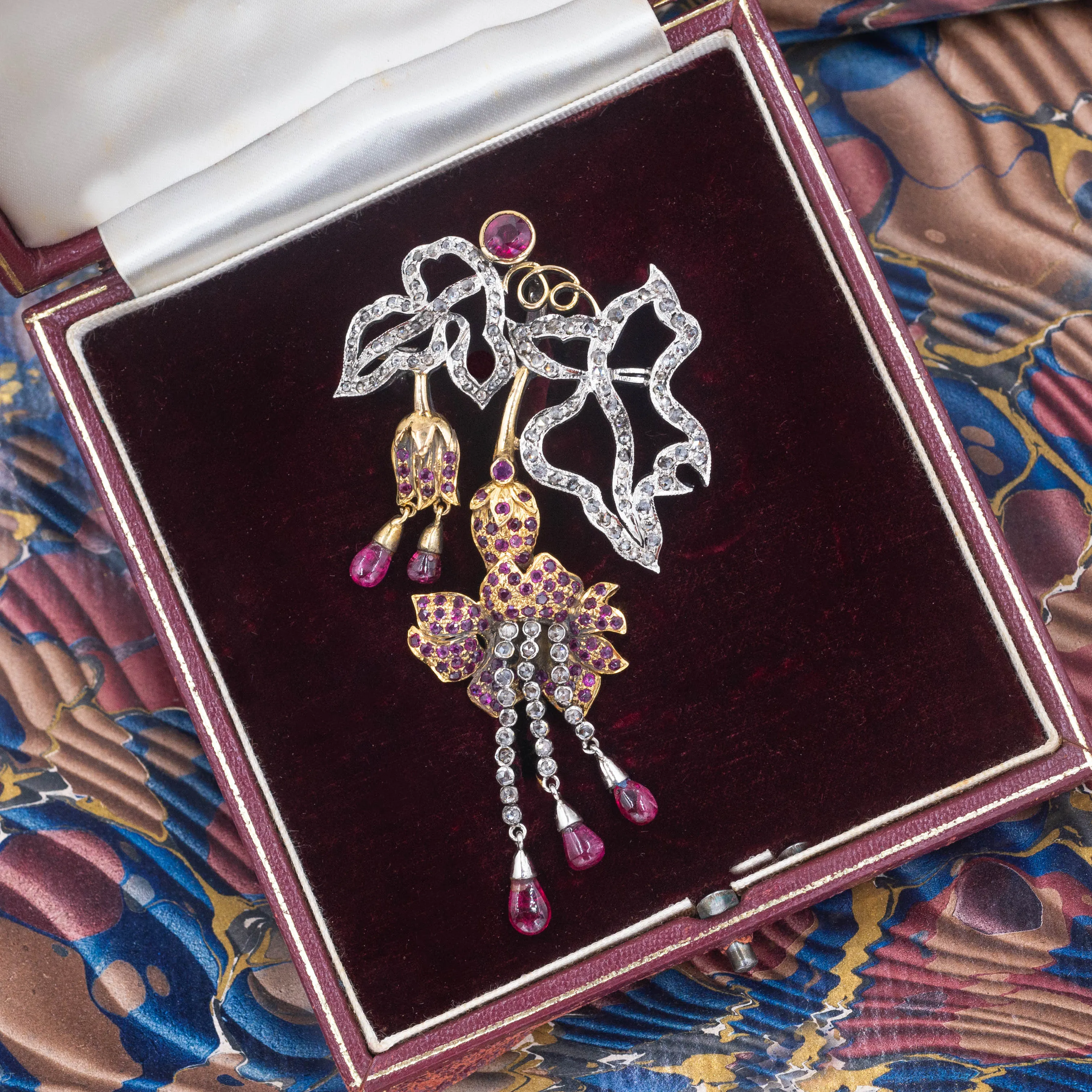 Rose-cut Diamond and Ruby Fuchsia Flower Brooch c1910
