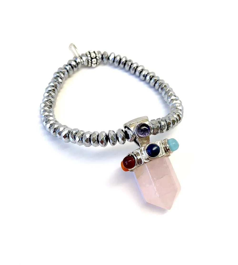Rose Quartz Crystal with Colored Gems on Silver Hematite Bracelet