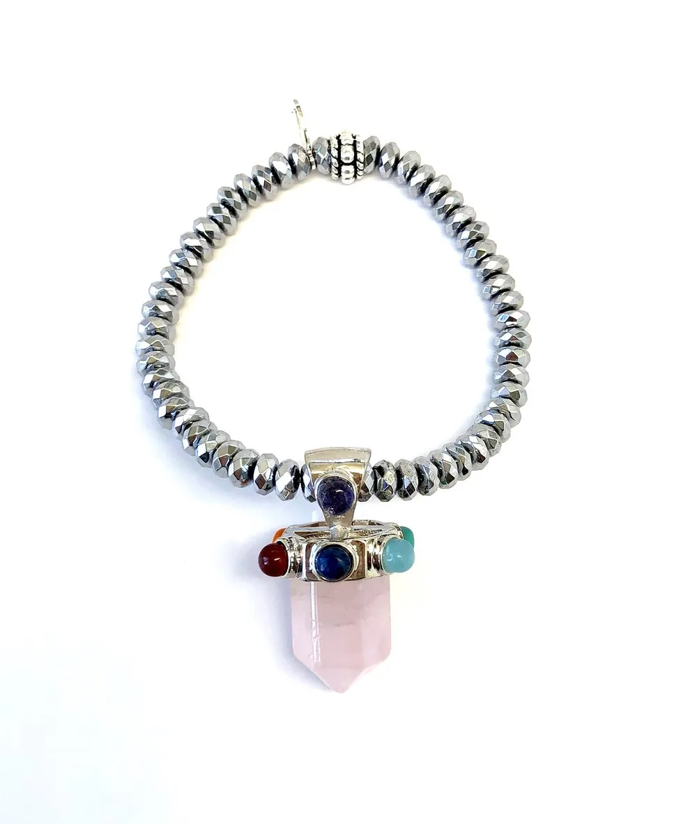 Rose Quartz Crystal with Colored Gems on Silver Hematite Bracelet
