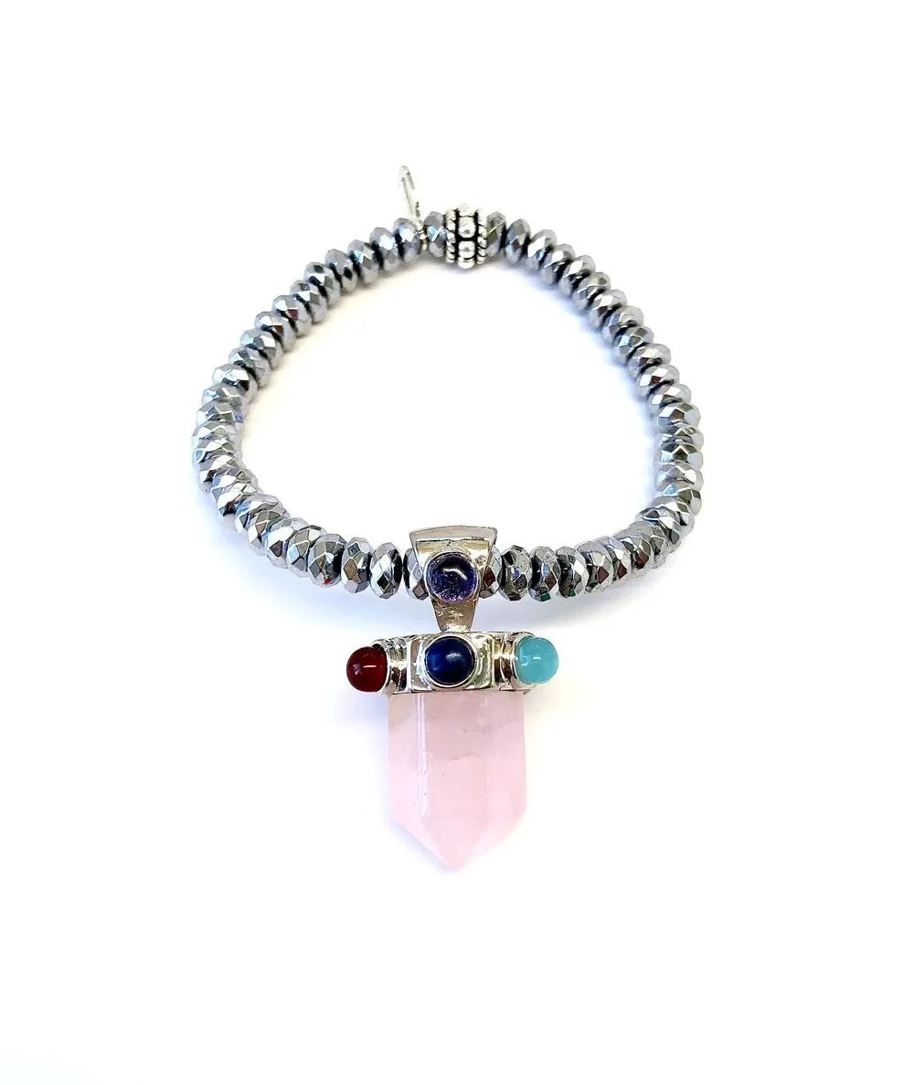 Rose Quartz Crystal with Colored Gems on Silver Hematite Bracelet