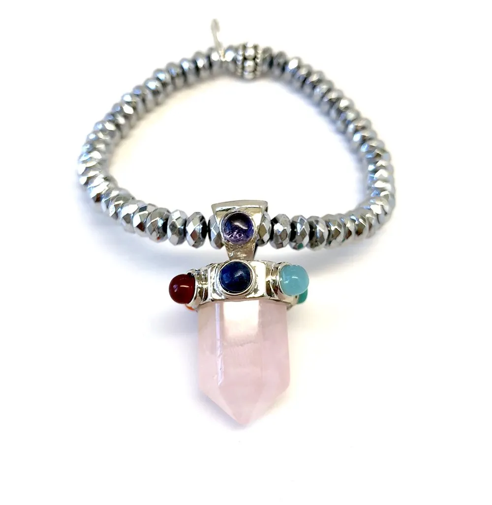 Rose Quartz Crystal with Colored Gems on Silver Hematite Bracelet