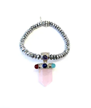 Rose Quartz Crystal with Colored Gems on Silver Hematite Bracelet