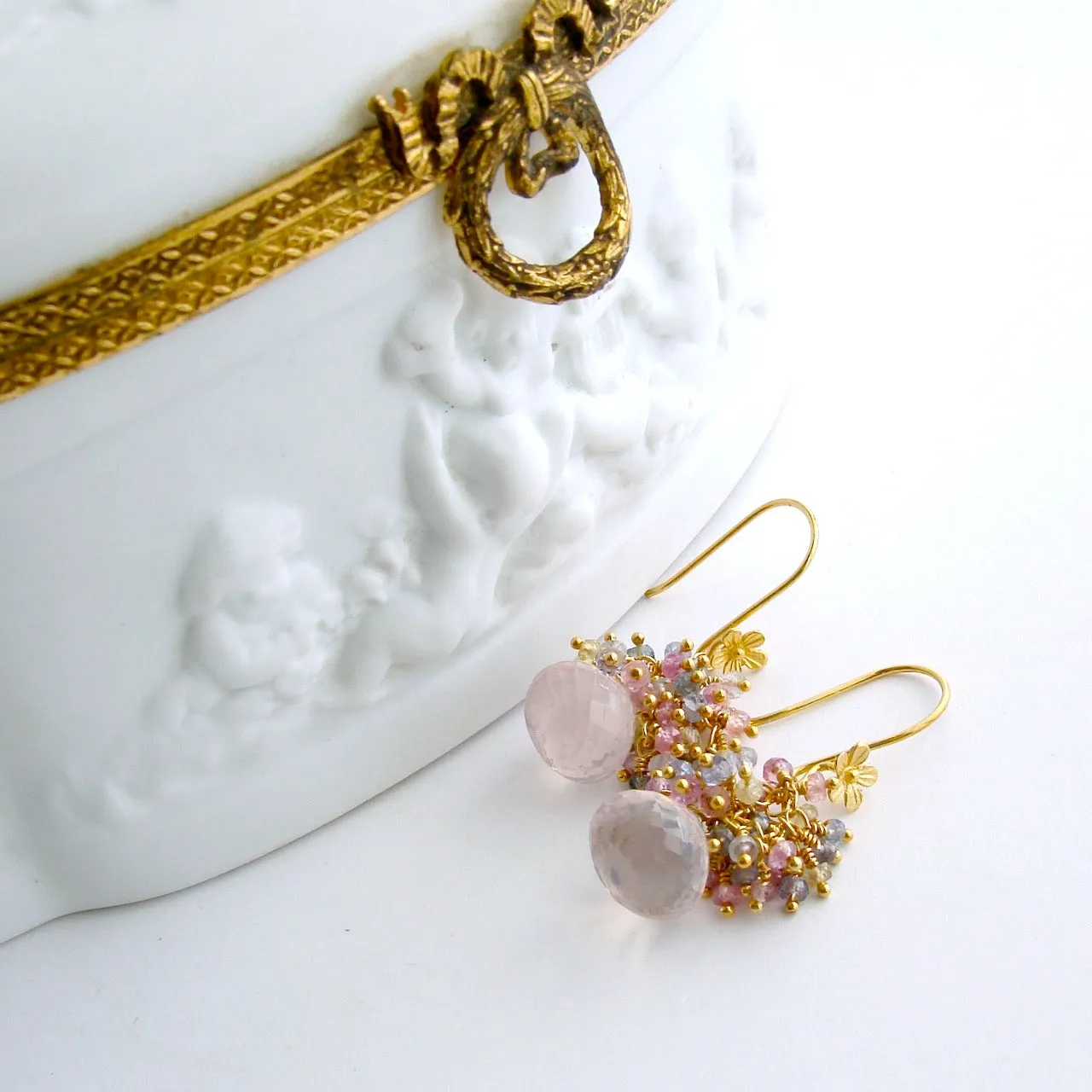 Rose Quartz Pastel Sapphires Cluster Tendrils Earrings - Juliet III Earrings