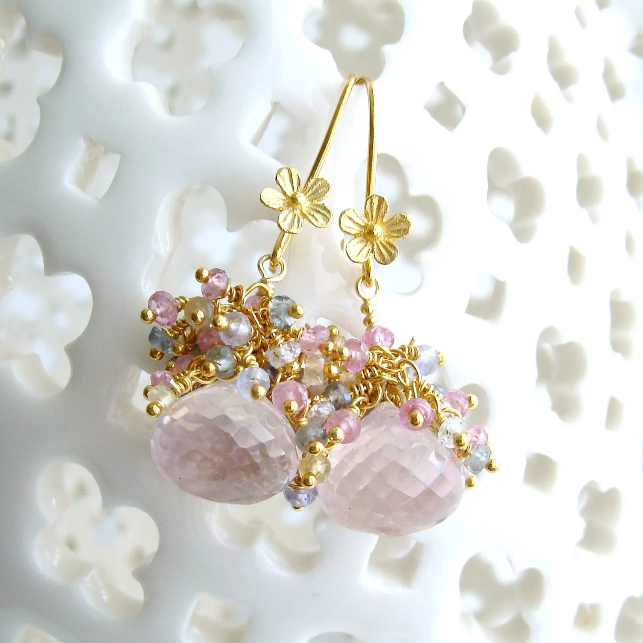 Rose Quartz Pastel Sapphires Cluster Tendrils Earrings - Juliet III Earrings