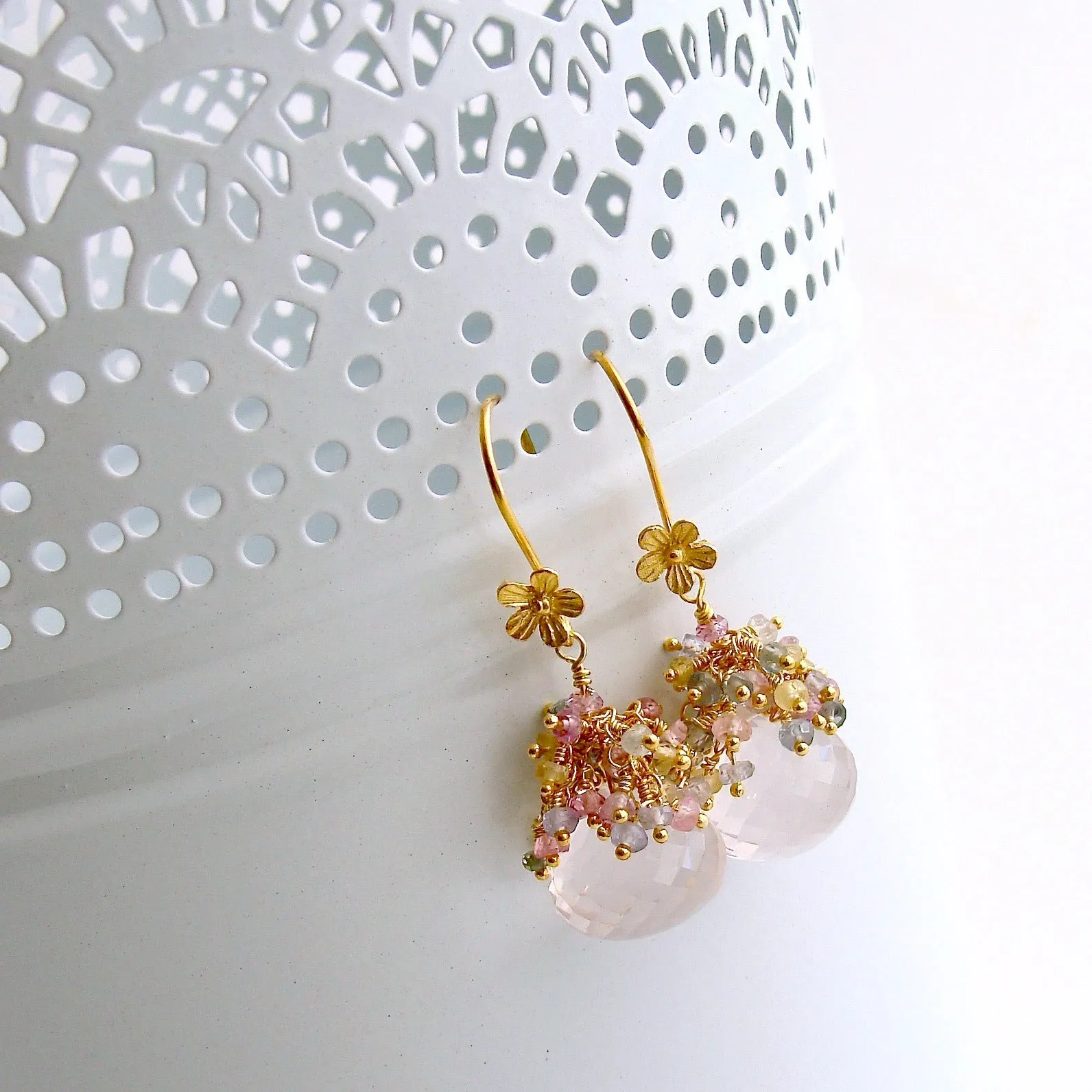Rose Quartz Pastel Sapphires Cluster Tendrils Earrings - Juliet III Earrings