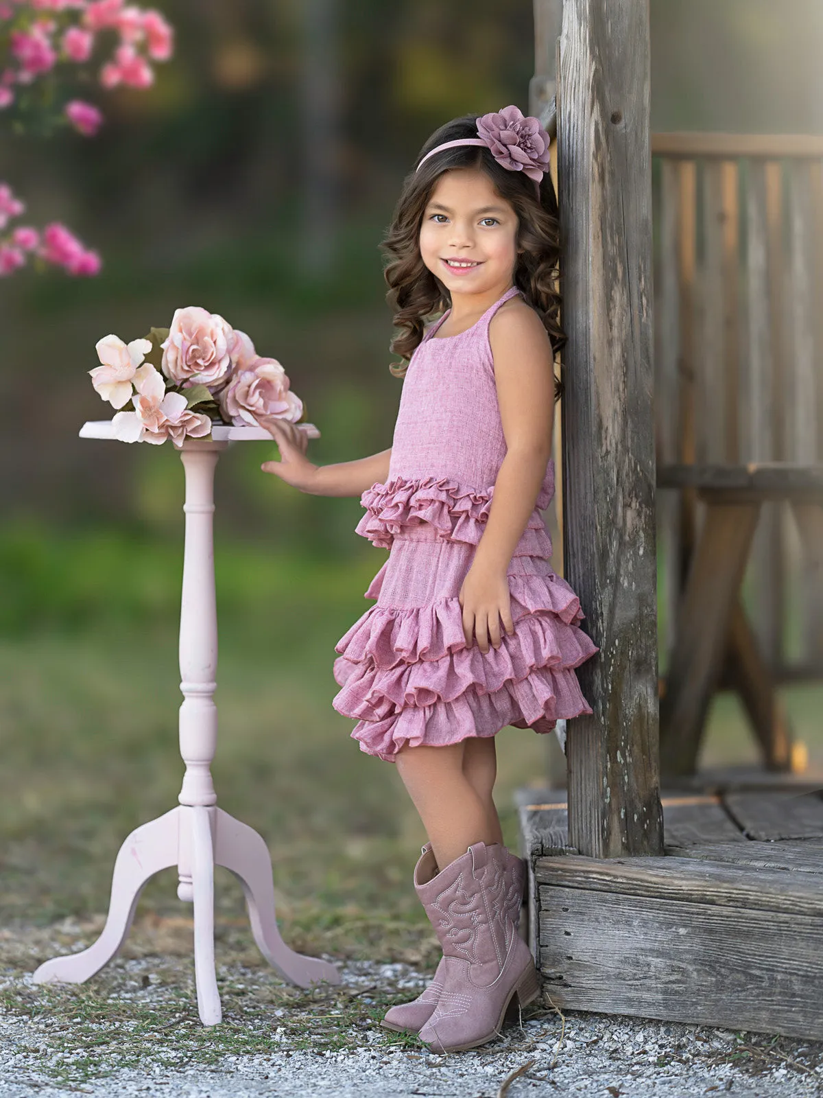Rosewood Linen Ruffle Halter Top and Skirt Set