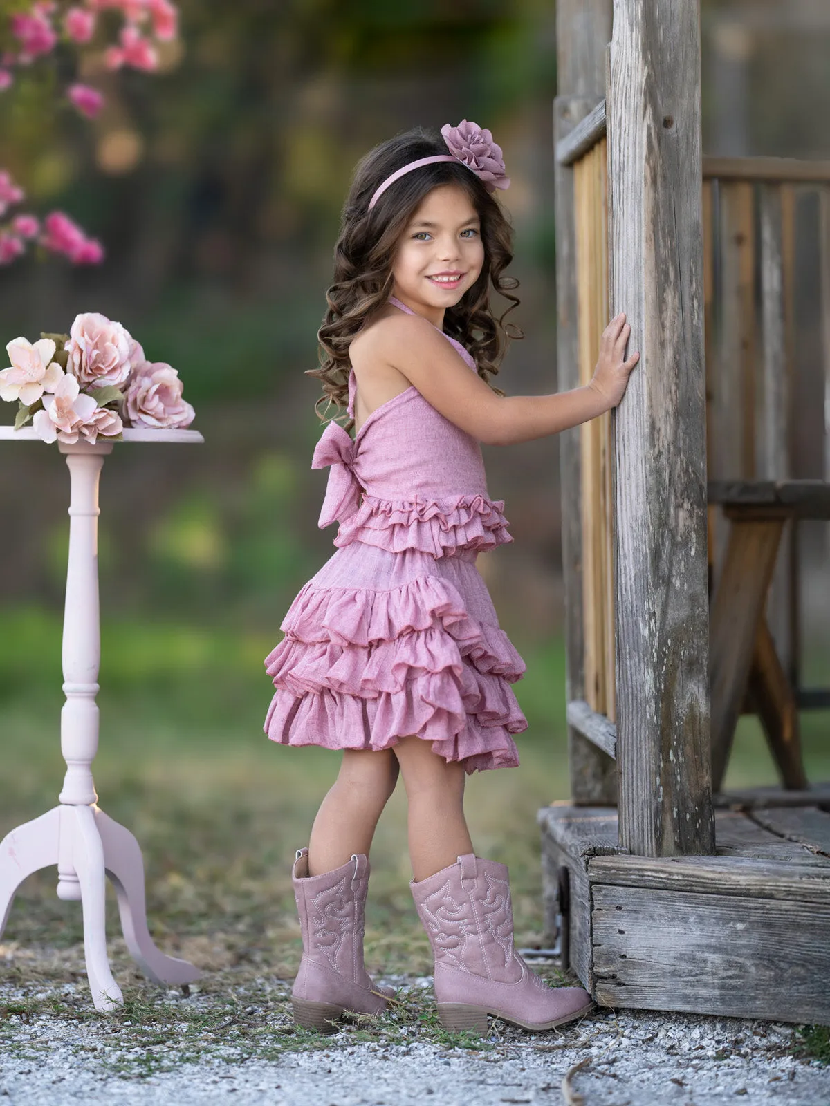 Rosewood Linen Ruffle Halter Top and Skirt Set