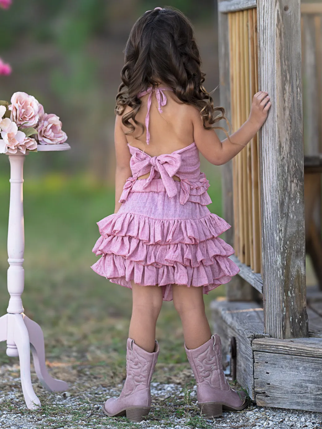 Rosewood Linen Ruffle Halter Top and Skirt Set