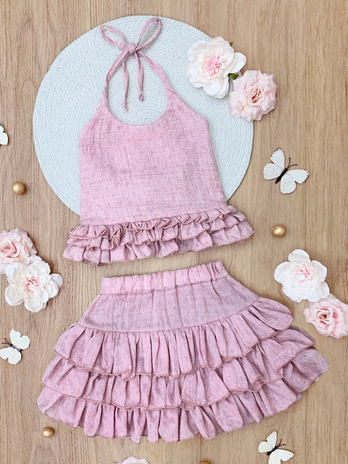 Rosewood Linen Ruffle Halter Top and Skirt Set