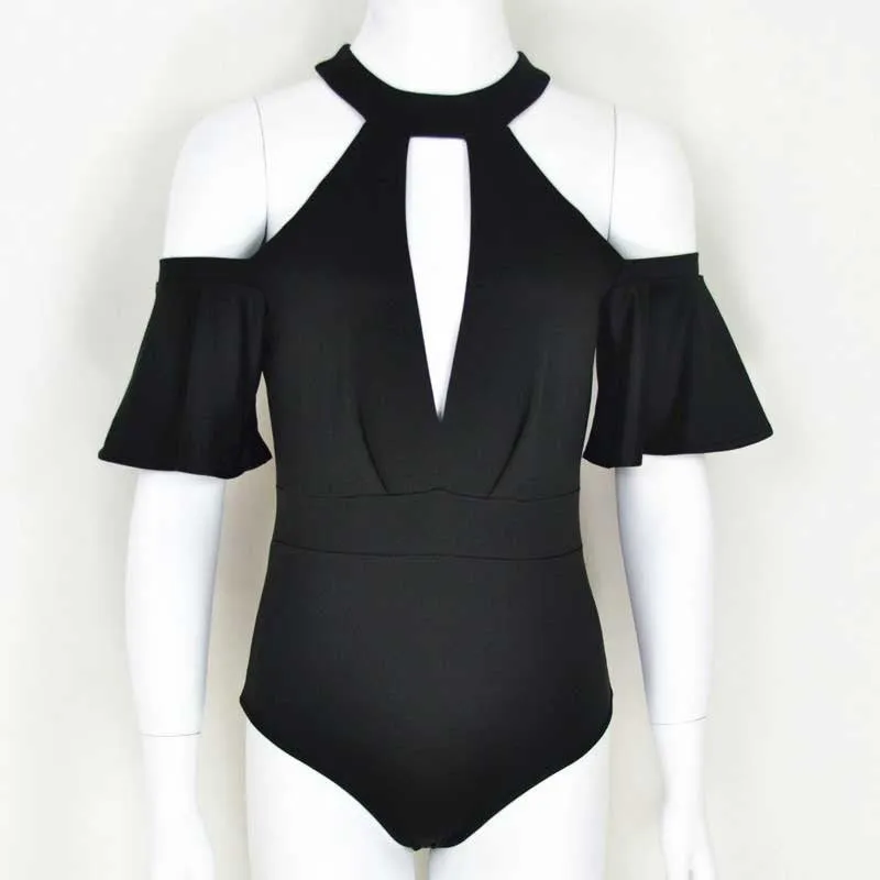 Sexy Choker High Neck Plunge V Keyhole Ruffle Sleeve Cut out Shoulder Women Bodysuits Playsuits Rompers Jumpsuits